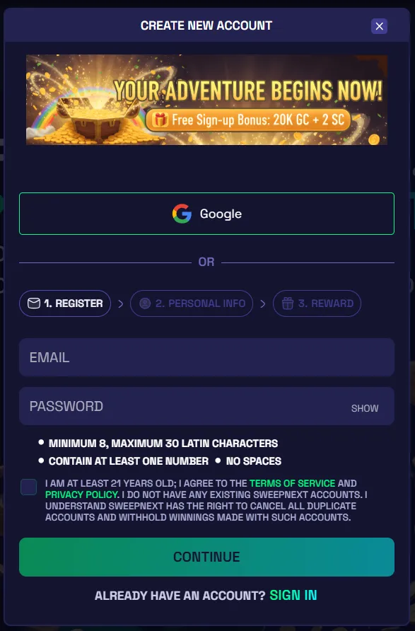 SweepNext quick registration form with welcome bonus offer